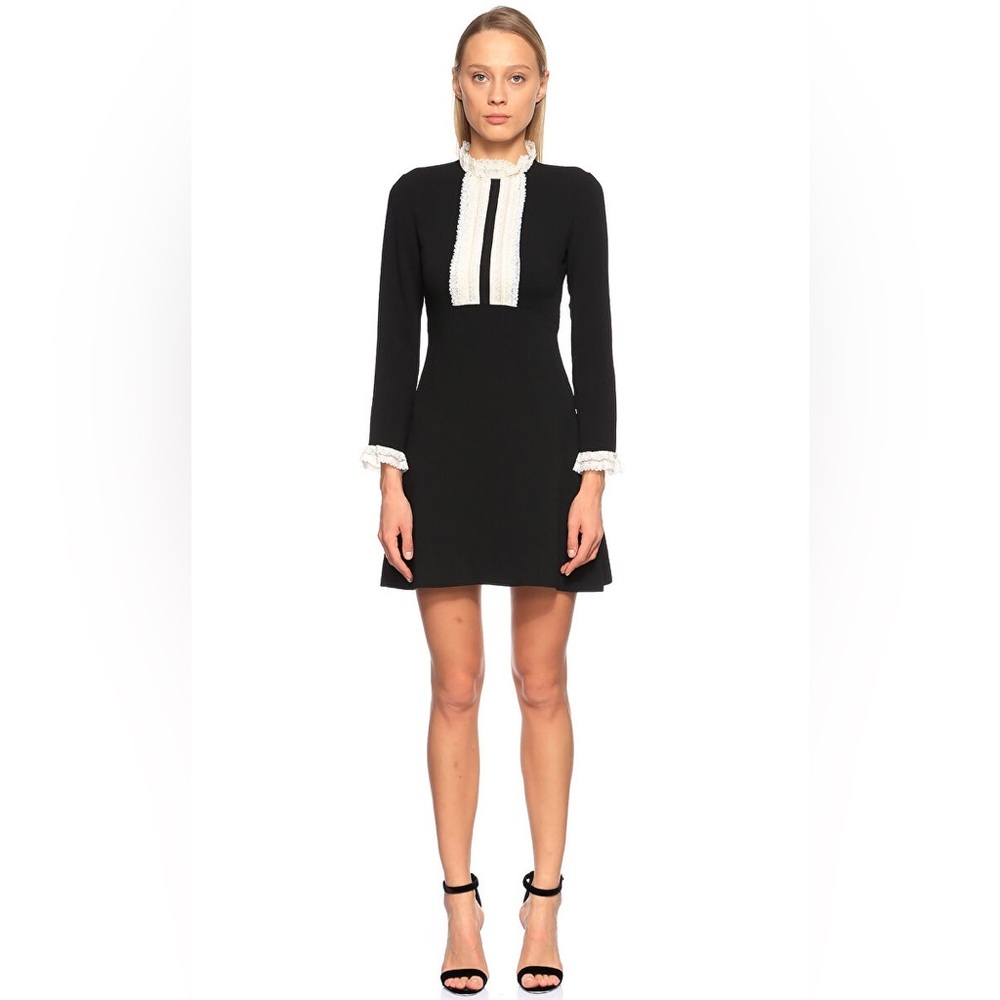 Sandro Black Mini Dress with White Lace Bib Trim Size 34 NWT